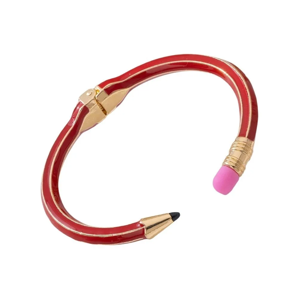 Vibrant Color Enamel Pencil Shaped Bracelet Flexible Spring Hinge Cute Eraser Detail Enamel Cuff Bangle Multi-Color Selection