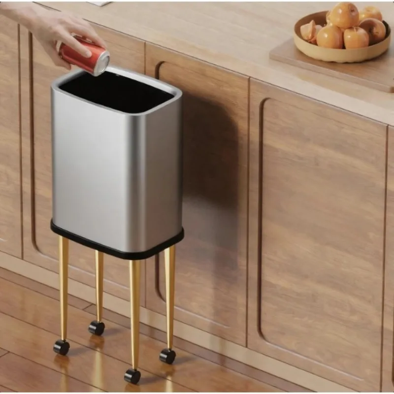 Stainless Steel Trash Can Large Capacity High Leg Wastebin Modern Portable Trash Bin with Wheels Kitchen Luxury Waste Bins