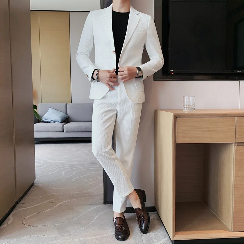 (Jacket+Pants) 2023 Men Spring High Quality Business Suits/Male Slim Fit Groom Wedding Dress Tuxedo/Man 2 Pieces Casual Blazers