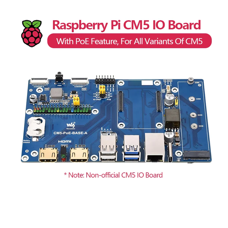 Waveshare Raspberry Pi Compute Module 5 Placa IO con función PoE, para todas las variantes de CM5