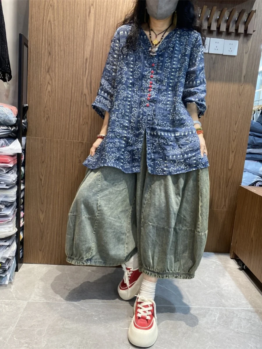 الرجعية الراقية الكتان طباعة ميدي irt حجم كبير المرأة اللون بلو زر V-Ne رقيقة رداء علوي غير رسمي الصيف فضفاضة تناسب تخفيف Sle