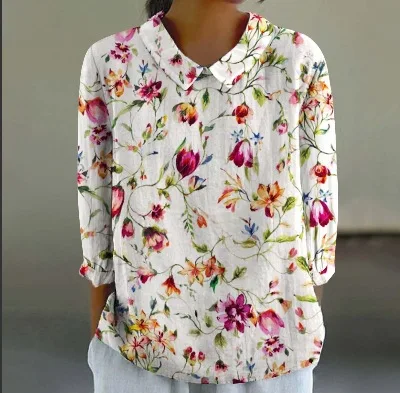 Women's Linen Lapel Art Floral Round Neck Button Loose Pullover Top Casual Shirt T Shirt Blusas Femininas Tendencia 2024