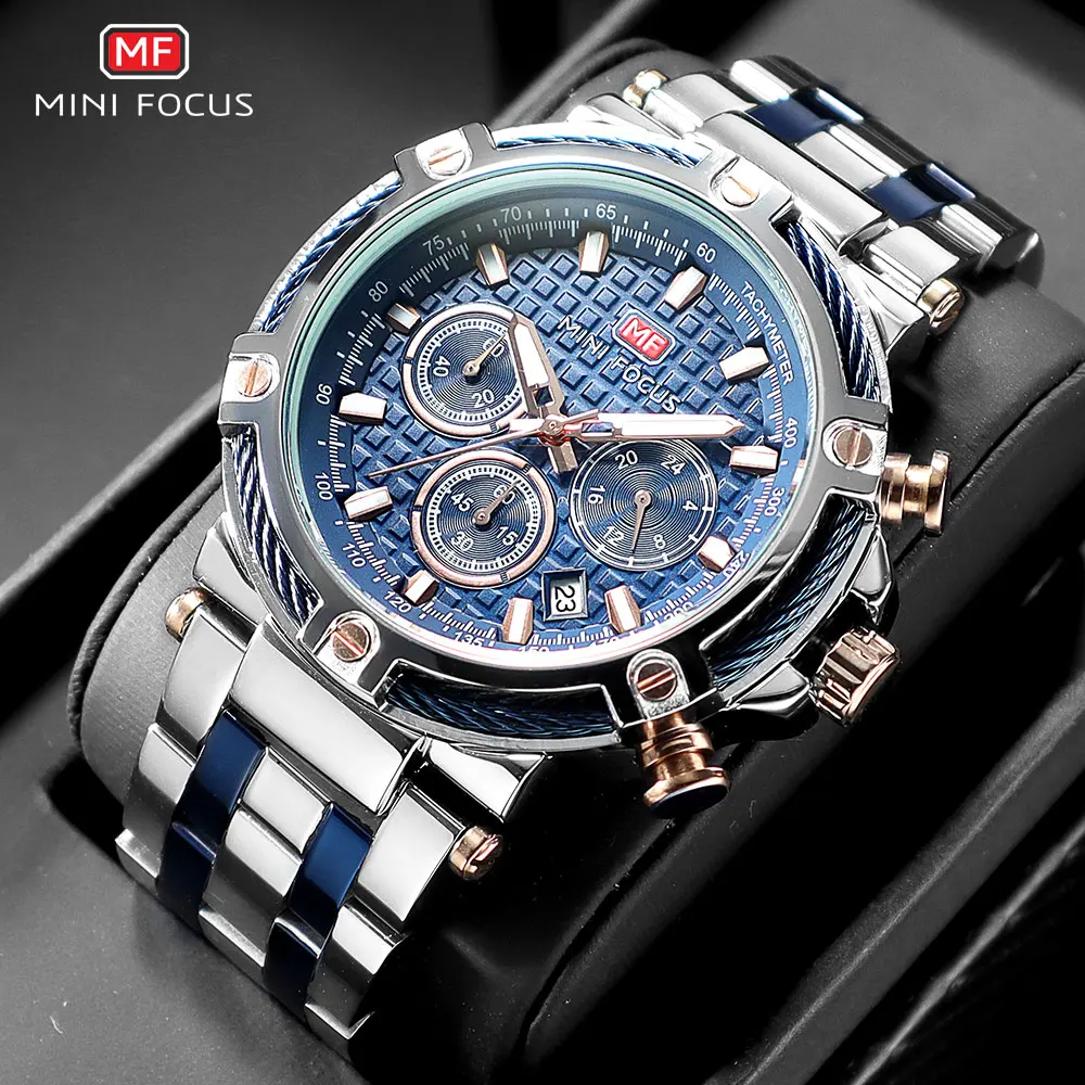 MINI FOCUS-Montre habillée à quartz analogique pour homme, bracelet en acier inoxydable bleu argent, chronographe Shoous, montre-bracelet avec date,