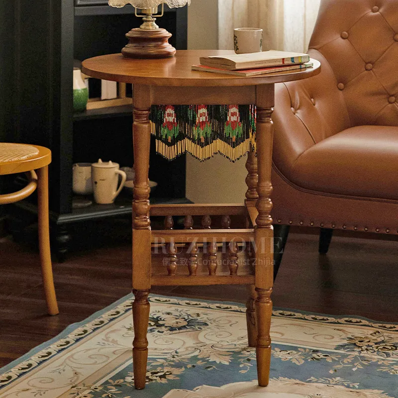 handmade bead curtain round table solid wood small coffee table double-layer storage