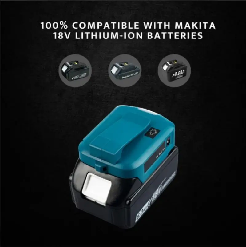 Fonte de alimentação Conversor Adaptador com Luz LED, Dual Portas USB, DC Port, Makita 18V LXT Li-Ion Bateria, BL1830, BL1840, ADP05