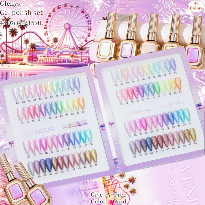 Glenys 48 color pearl macaron nail polish popular aurora fine flash immersion gel color matching card nail salon varnish set