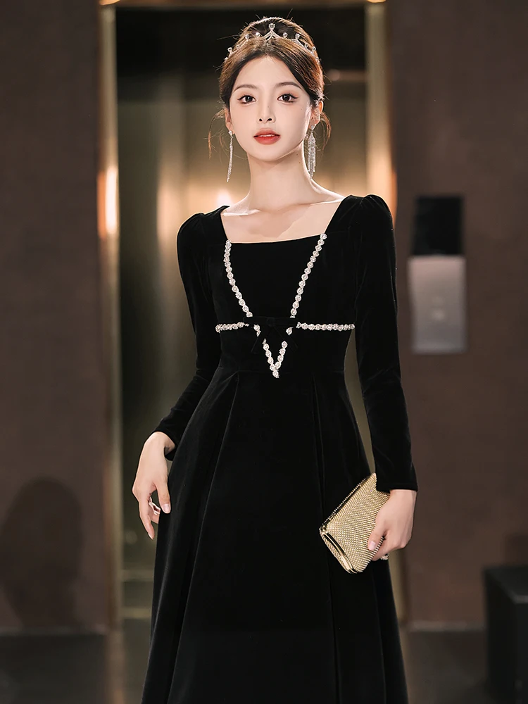 

Ele Bla Velvet Long Sve Evening Gown for Women Par Ball Luxury High End Cus Made Velvet Dr Korean Sle