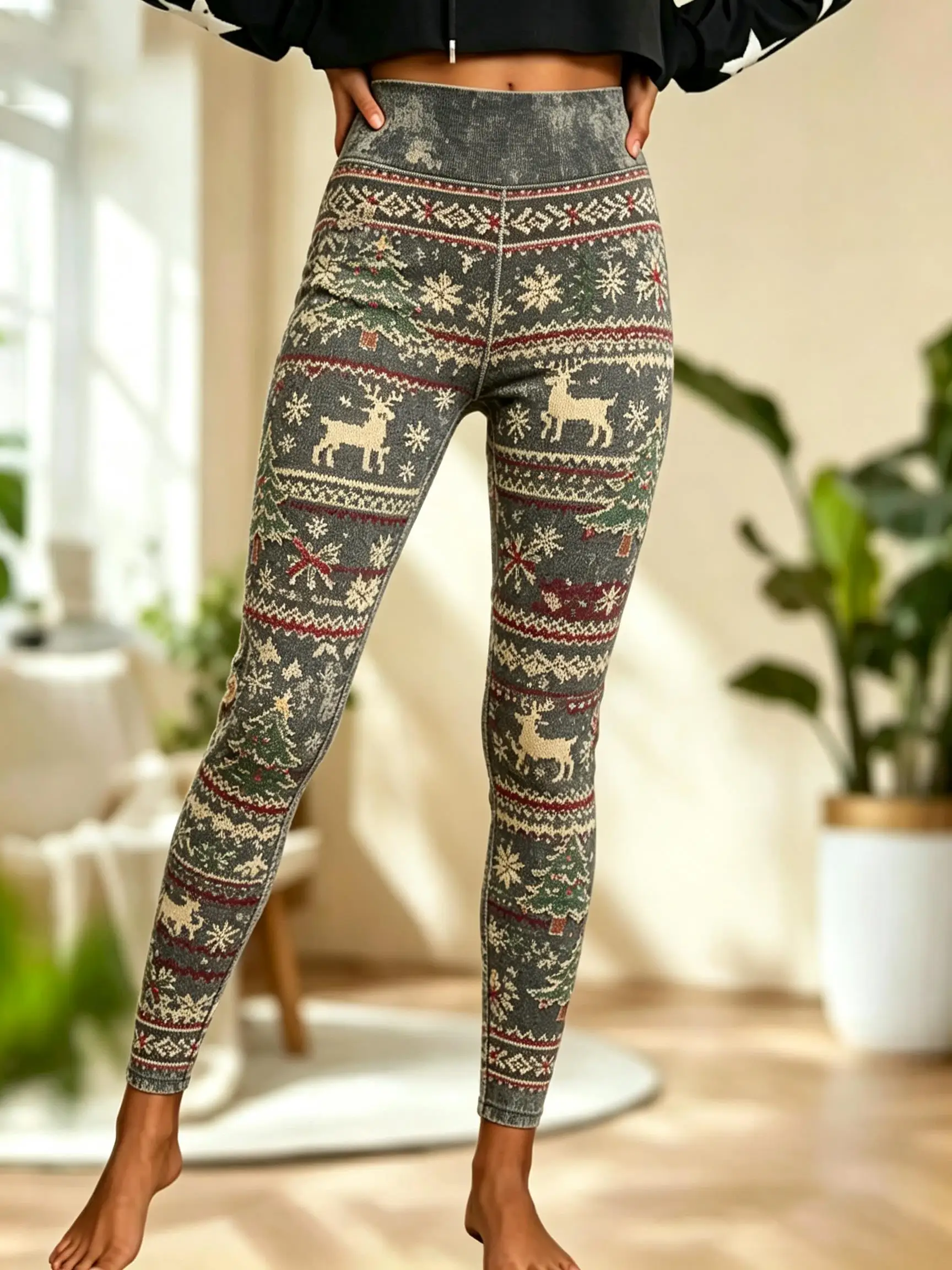 Women Fleece‑Lined Mid‑Rise Leggings Christmas Fair Isle Reindeer Xmas Tree Snowflake Print Slim Warm Pants