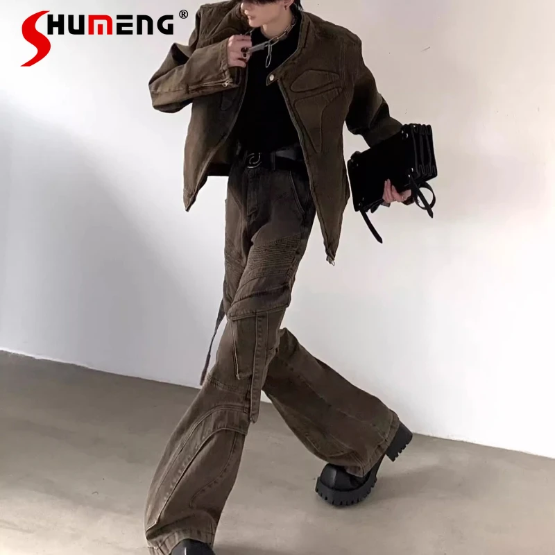 

2025 Spring Autumn New Denim Sets Men's Handsome Retro Padded Shoulder Denim Jackets Multi-Pocket Decorative Denim Pants 2pcs