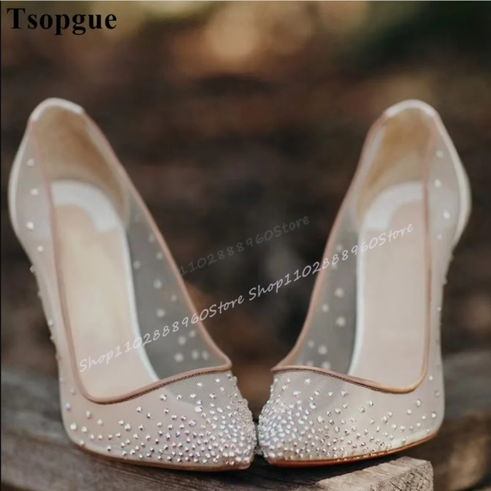 

Splicing Air Mesh Crystal Decor Wedding Pumps Stilettos High Heel Shoes For Women Slip On Pointed Toe Sparkling Luxury Pumps