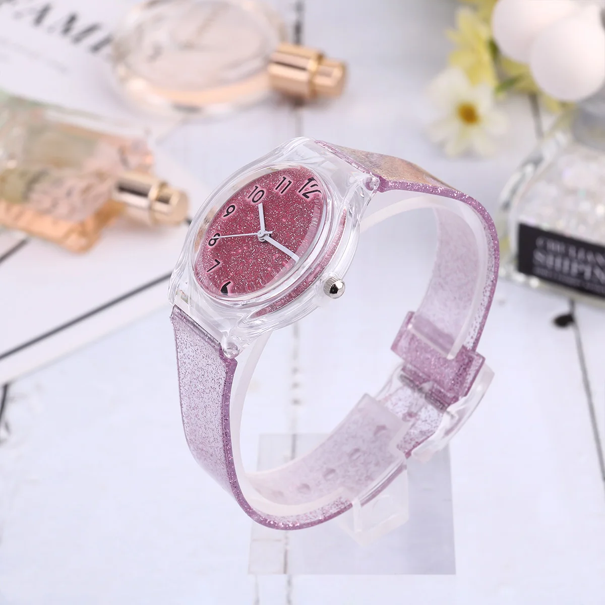 ساعة يد لامعة شفافة باللون الوردي، ساعة يد مريحة وقابلة للتعديل