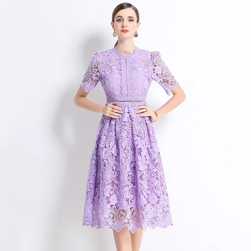

Luxury High-end Fashion Hollow Out Water-Soluble Lace Dress Elegant Slim Vintage Short Sleeved mid length Women dress