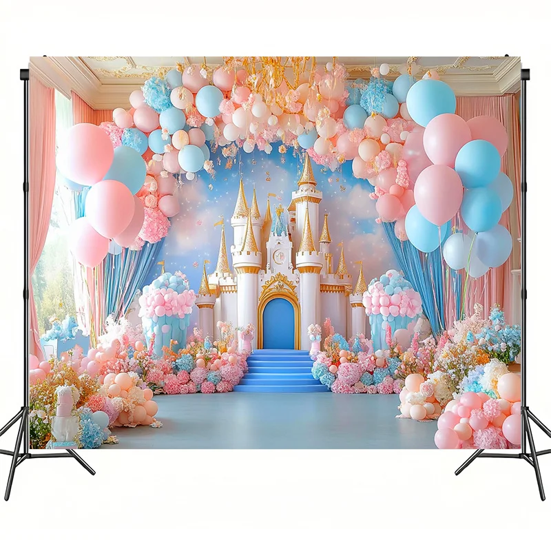 1 luxuriöser rosa und blauer Schloss-Fotohintergrund „Happy Birthday“. |   Studio- und Partyfotos |   Dekorationen für Geburtstagsfeiern