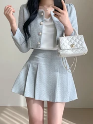 Modieuze Korea Elegante Tweed Kleine Geur Kort Jasje Cropped Jassen + Hoge Taille Minirokjes Pakken Slanke Vrouwen Tweedelige Sets