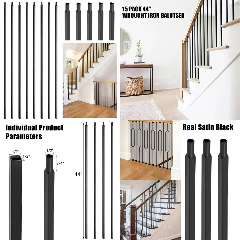 Set of 15 Square Hollow Iron Balusters, 1/2 x 44, for Staircase Railing, Satin Black Finish