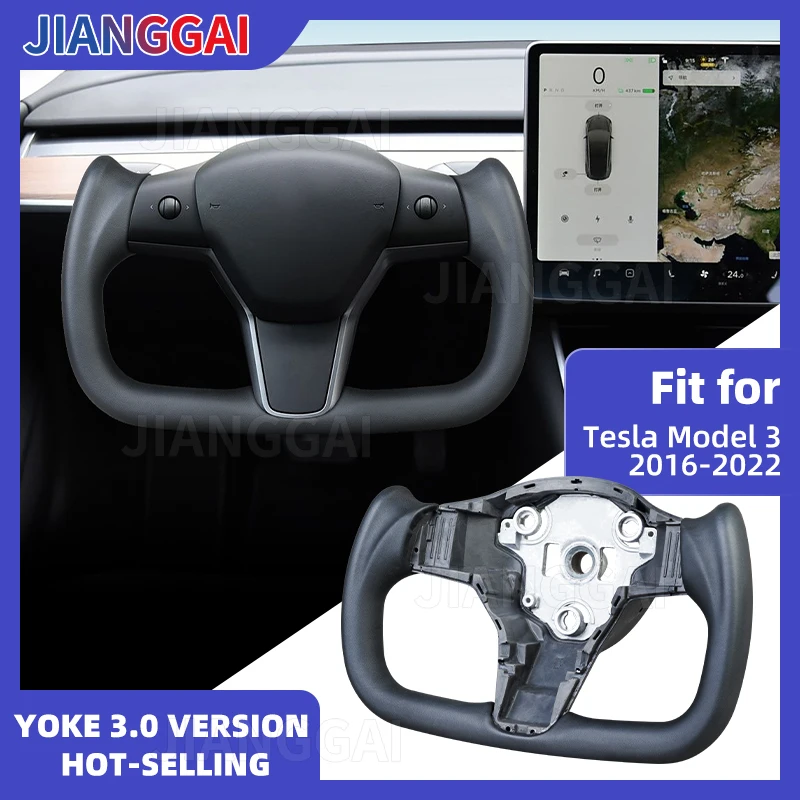 

Yoke Racing Steering Wheel For Tesla Model 3 Model Y 2016-2023 Black Microfibre Leather Yoke Handle Steering Wheel With Heating