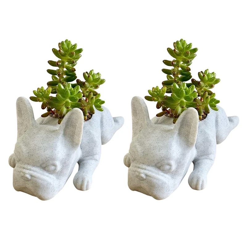 2PCS French Bulldog Shape Resin Succulent Planter Mini Puppys Plants Planter,Desktop Plant Pot Dog Shape Bonsai