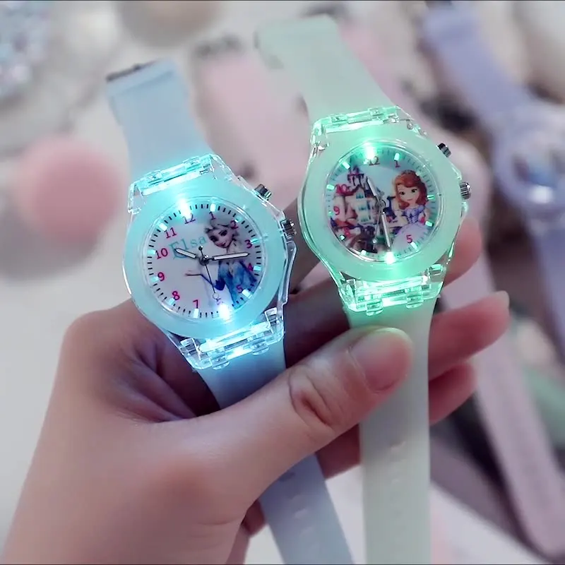 Disney Girls Kids Watches Children Watch Frozen Princess Aisha Sophia Luminous Student Colorful LED Light Women Lady Clock