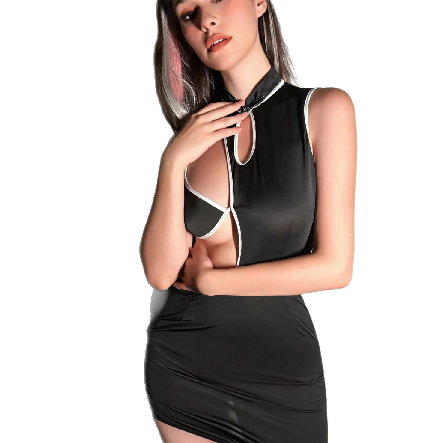 Sexy Lingerie Women's Cheongsam Sexy Nightclub Maid Uniform Halter Neck Hollow-out Tight-fitting Bodycon Dress Elegant 7XFU