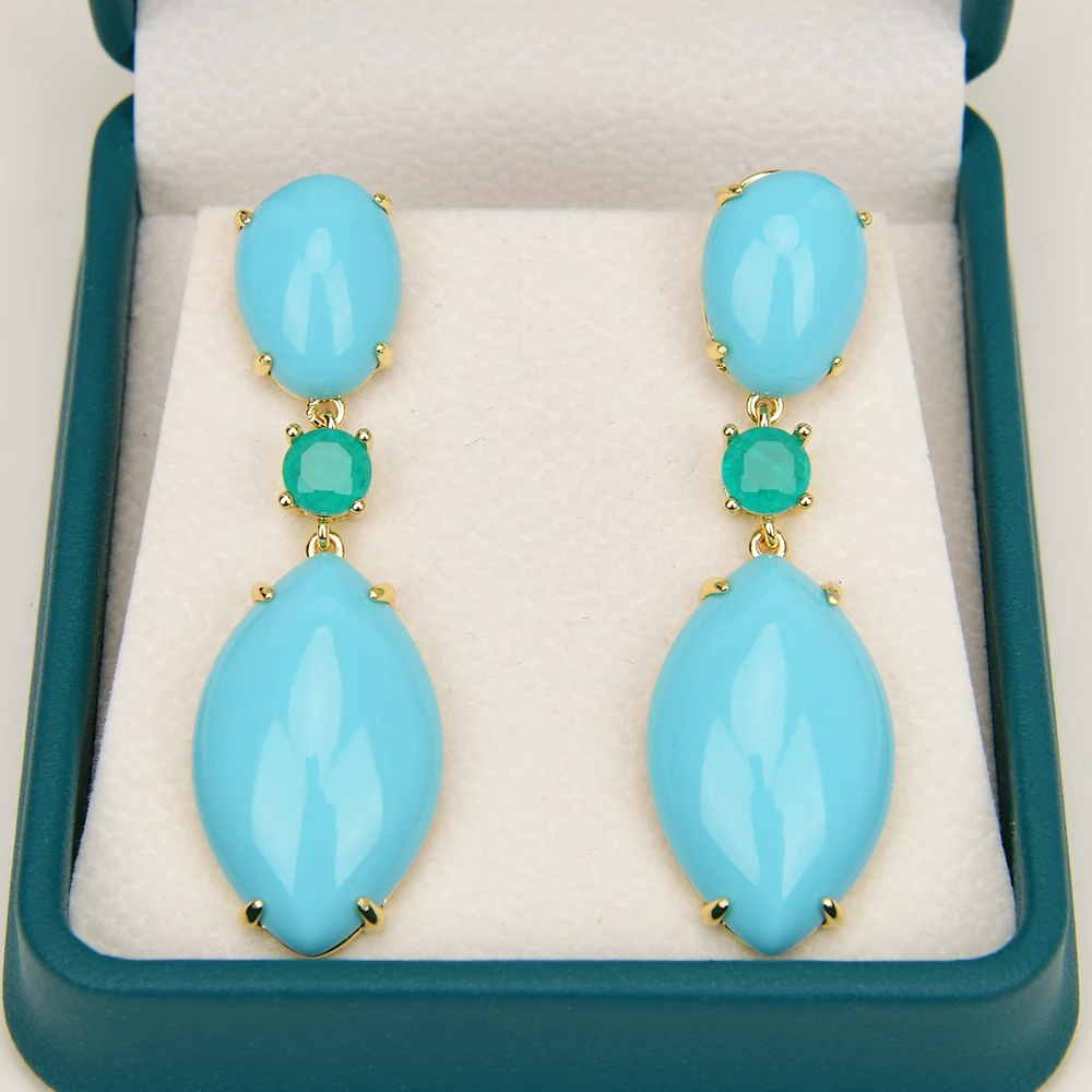 GG Blue Turquoise Green Jade Gold Plated Stud Drop Earrings Handmade Gifts For Lady Party Jewelry