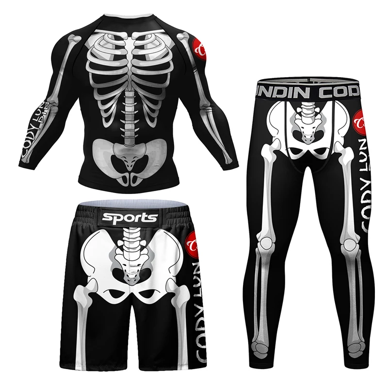 New Skull Jiu Jitsu Rashguards T-shirt +Pants Boxing MMA Shorts Grappling Spats Bjj Kickboxing Jeresys Sport Compression T-shirt