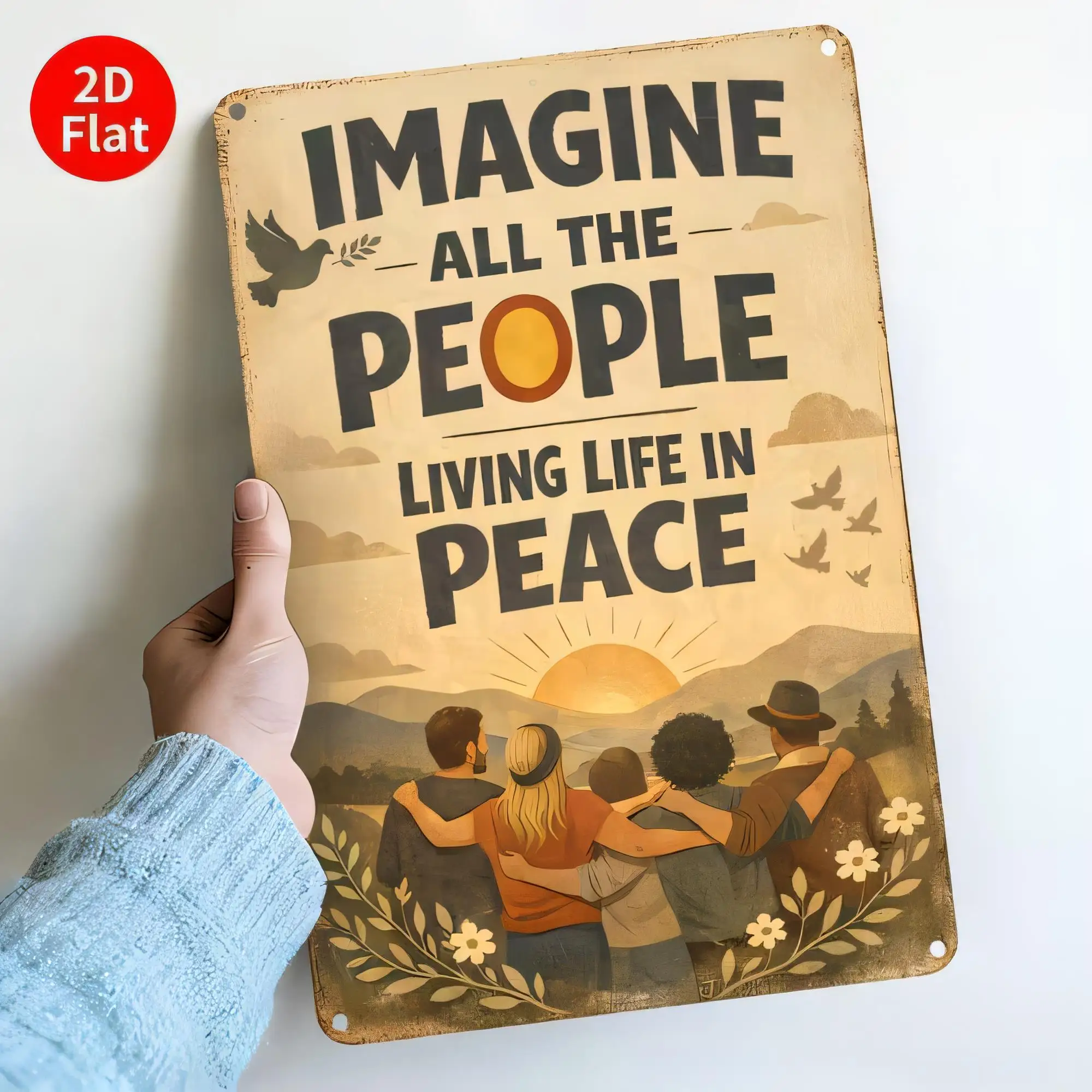 Tin Sign “Imagine All The People Living Life In Peace” Vintage Retro Metal Poster Wall Decor 2D Flat Rustic Plaque for Living Ro