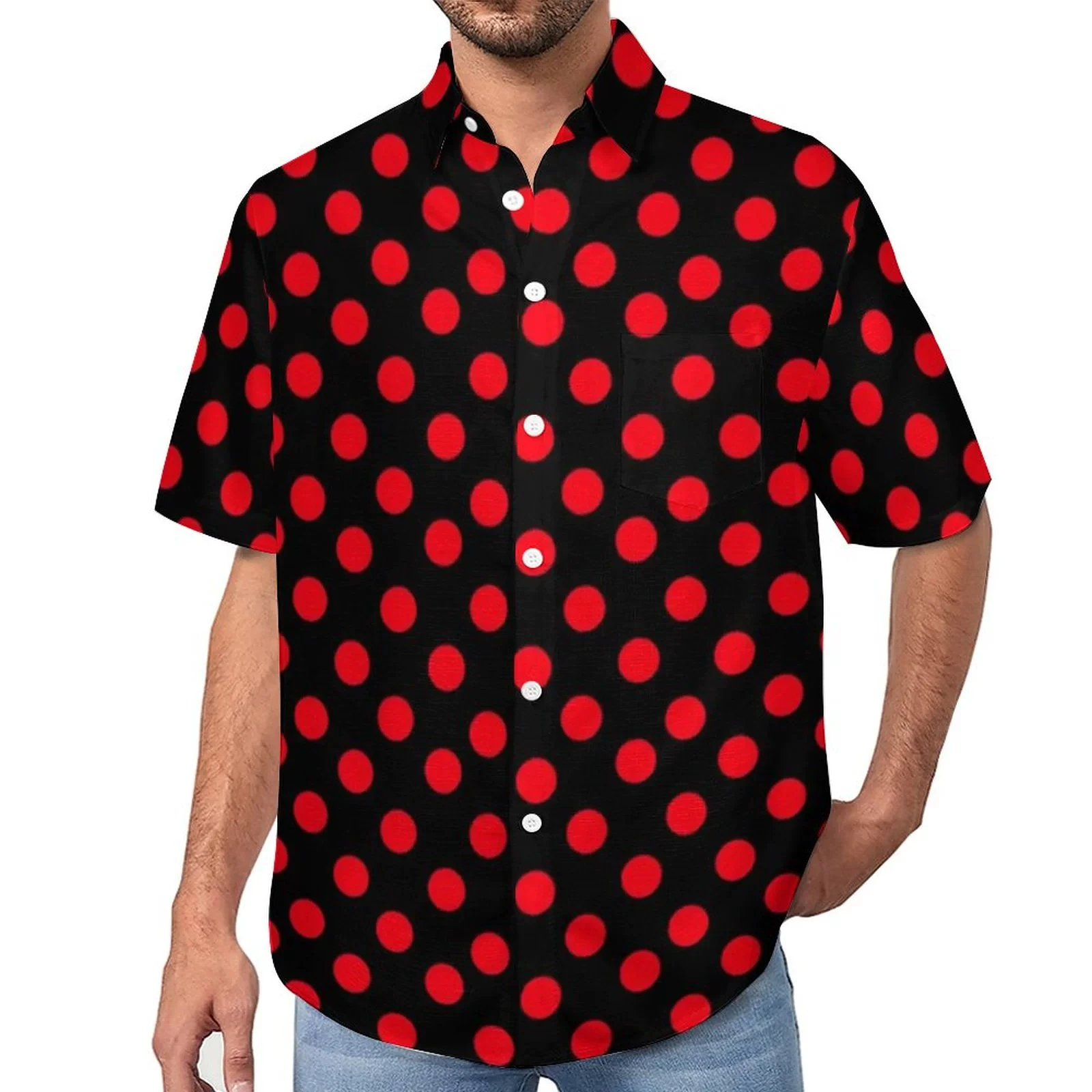 

2025 men's new fashionable collar polka dot printed short sleeved shirt, high-quality hip-hop style men's trendy top