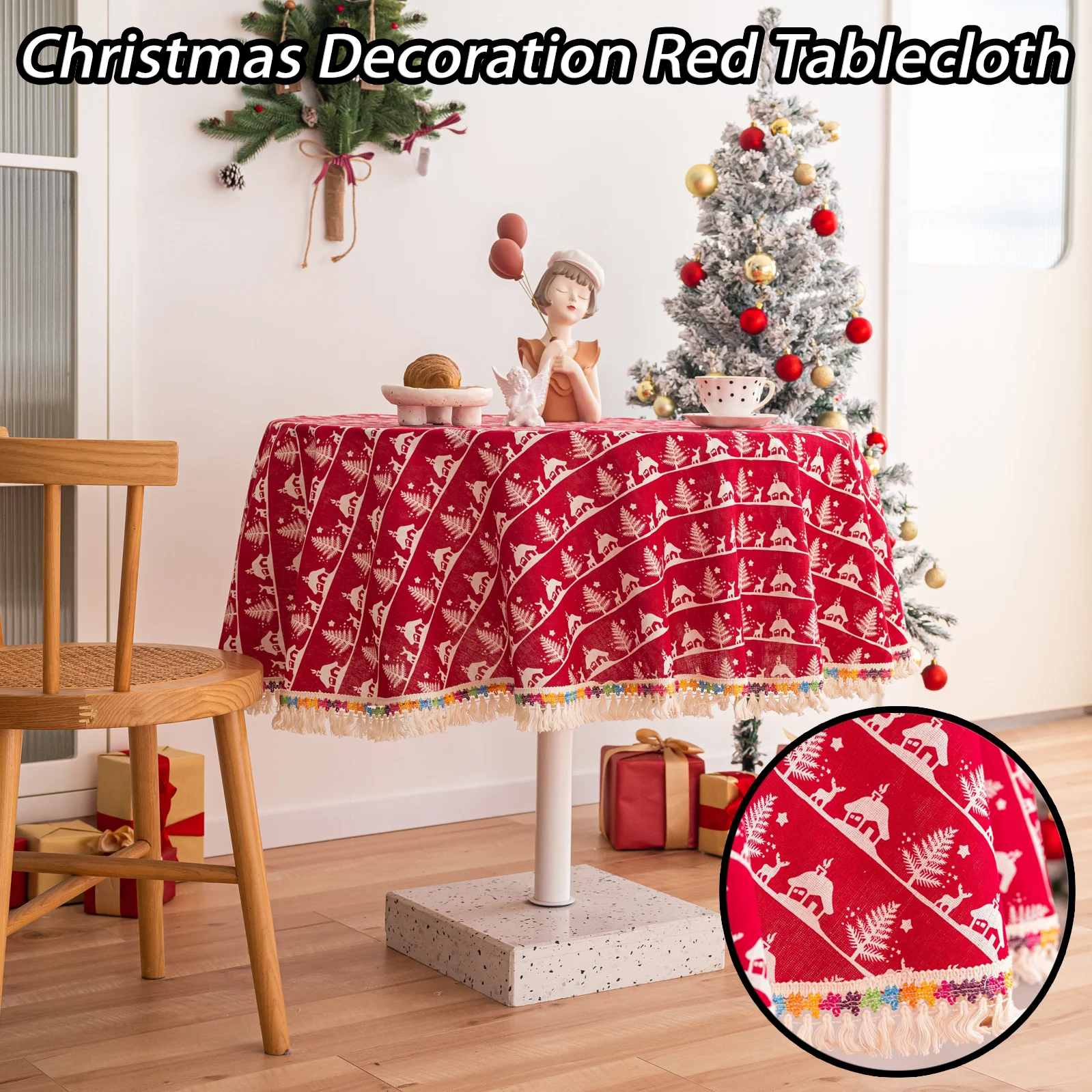 

Christmas Decoration Red Tablecloth Printed Tassel Rectangle Coffee Table Cloth Dining Table Cover Cloth Home Holiday Decor