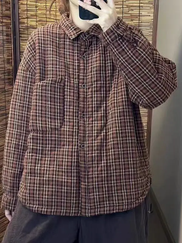 

Теплый хлопковый тюнет, зима 2025 г., новинка, свободное клетчатое пальто для похудения, повседневное пальто в Корейском стиле, длинное длинное пальто...