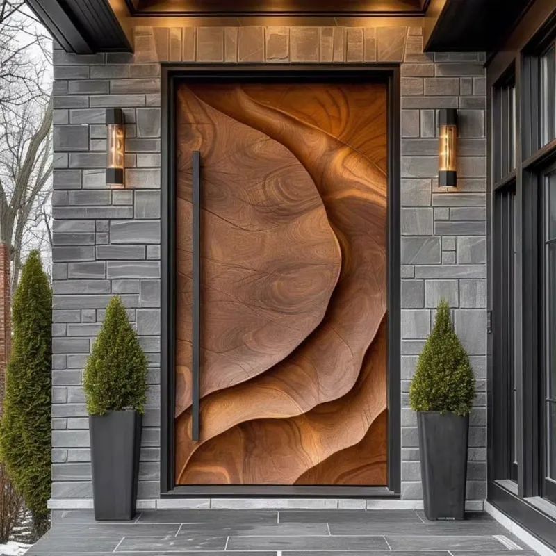 2026 Residential High End Custom Design Modern 3D Carving Solid Wooden Exterior Villa Front Entry Door for Houses