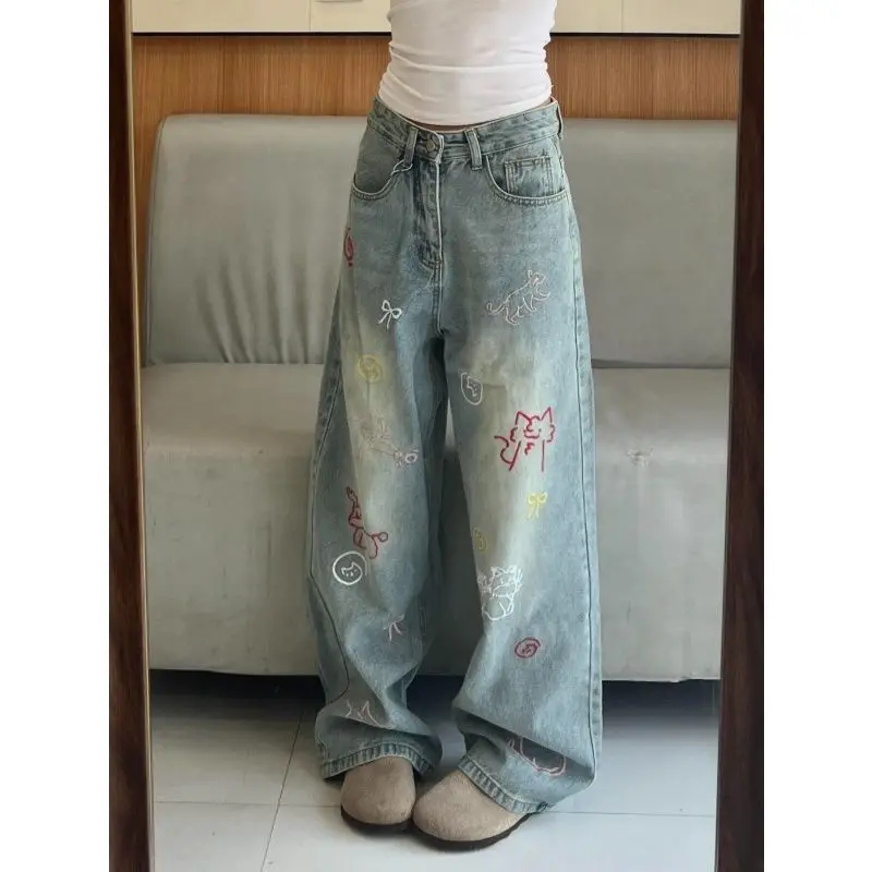 Amerykańskie spodnie jeansowe damskie w stylu high street, jesienne, nowe, z haftem z motywami z kreskówek, z wysokim stanem, luźne, z szerokimi nogawkami, wyszczuplające, vintage, długie jeansy.