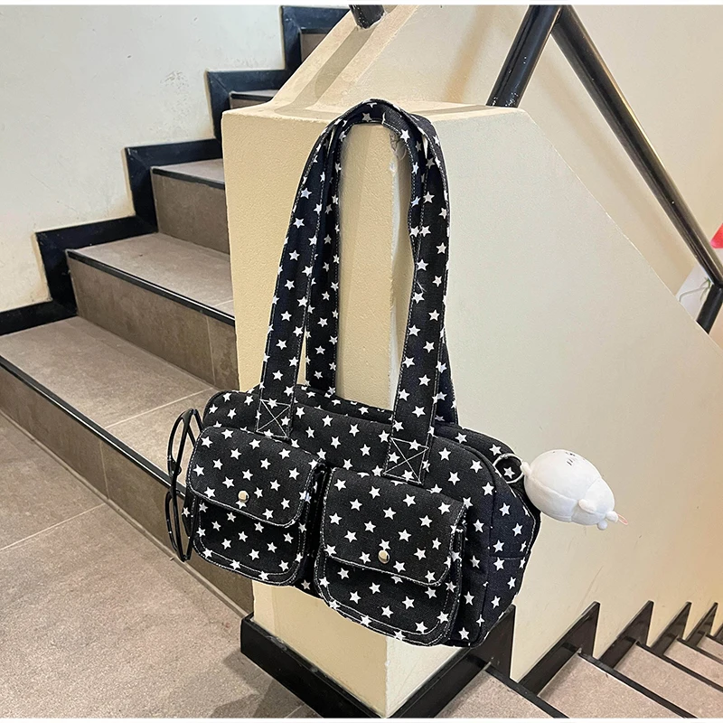 Mehrfach-Taschen-Schultertasche mit Polka Dots, Damen-Canvas-Tragetasche, Koreanische Lässige Süße Niedliche Pendler-Einkaufs-Reisetasche – Detail 36
