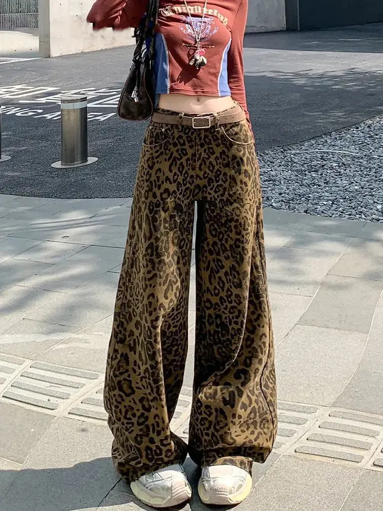

Retro Leopard Jeans Women's Autumn Loose Wide Leg Pants