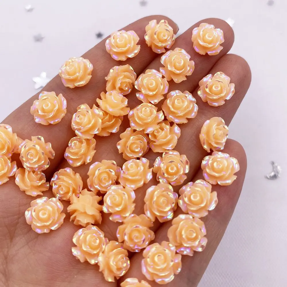 50Pcs 10mm AB Resin Glitter  Rose Flatback Flower Rhinestone Gem Scrapbook Wedding Ornament Applique Crafts DIY Nail Art SL614