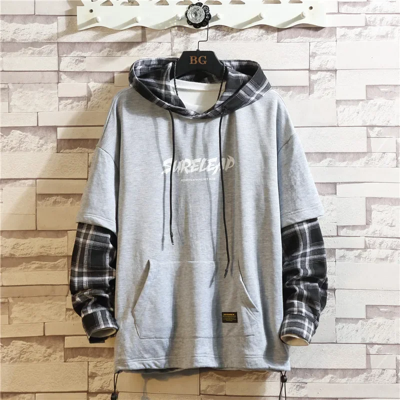 Black Patchwork Hoodies Autumn Spring Men\'s Sweatshirts Hiphop Punk Streetwear Casual Pullover New Plaid Hoodies