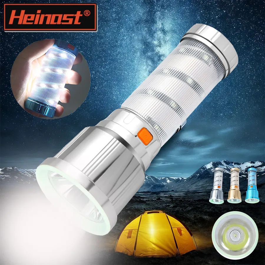 ไฟฉาย LED พลังงานสูง ไฟฉายตั้งแคมป์พร้อมไฟด้านข้าง ชาร์จ USB ได้ ใช้ในกรณีฉุกเฉิน พกพาสะดวก โคมไฟมือถือ 5 โหมดแสงสว่าง