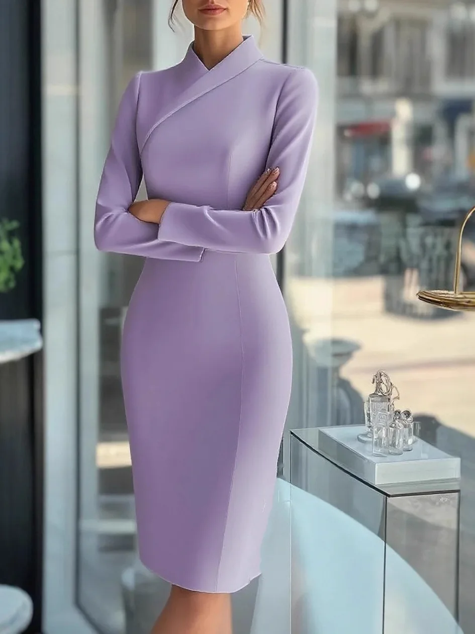 Pastellblauer Slim-Fit-Bleistiftrock mit hohem Kragen und hohem Kragen für Damen, Pendler, Faion, reine Farbe, Damenröcke, chinesisches Sle