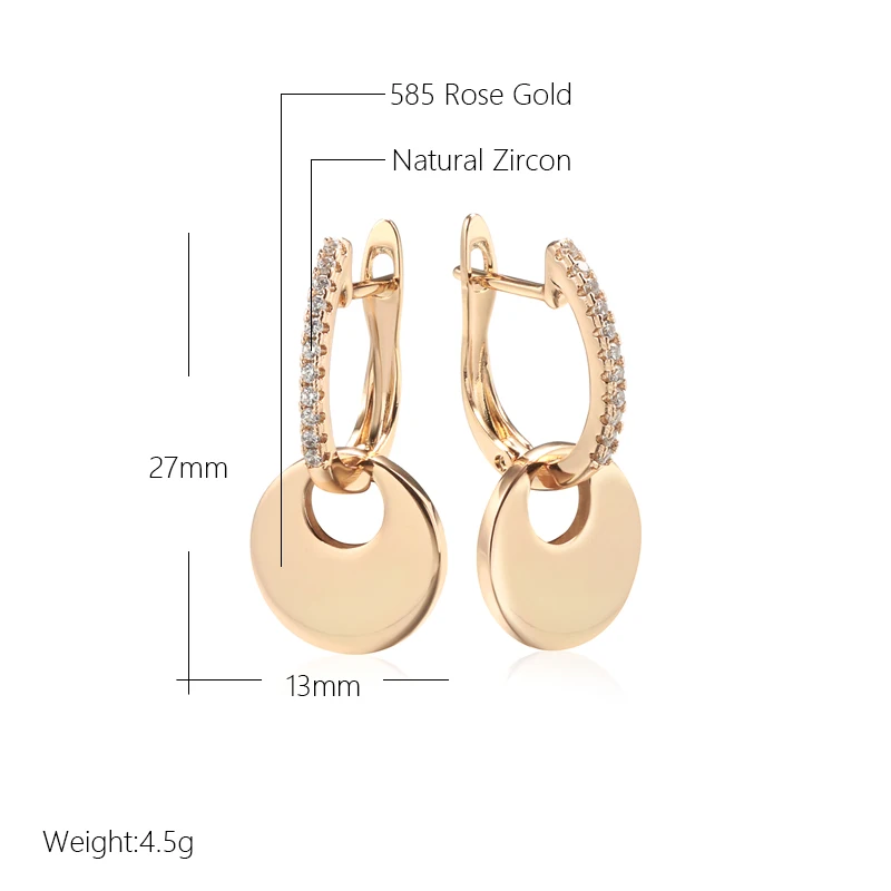 Smooth Round Coin Pendant Full Zircon Women English Earrings 585 Gold Color Fashion Jewelry Party Daily Personality Accessories