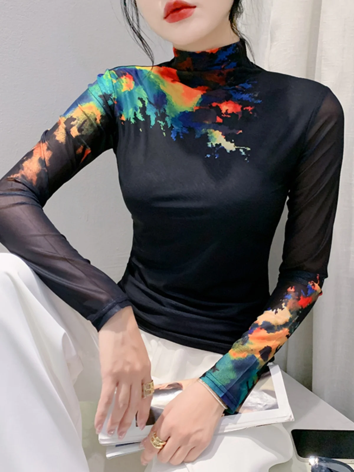 2023 Autumn Winter Turtleneck Long Sleeve T-shirt Tees For Women High Stretch Slim Printed Mesh TShirts Female Tops FF0865