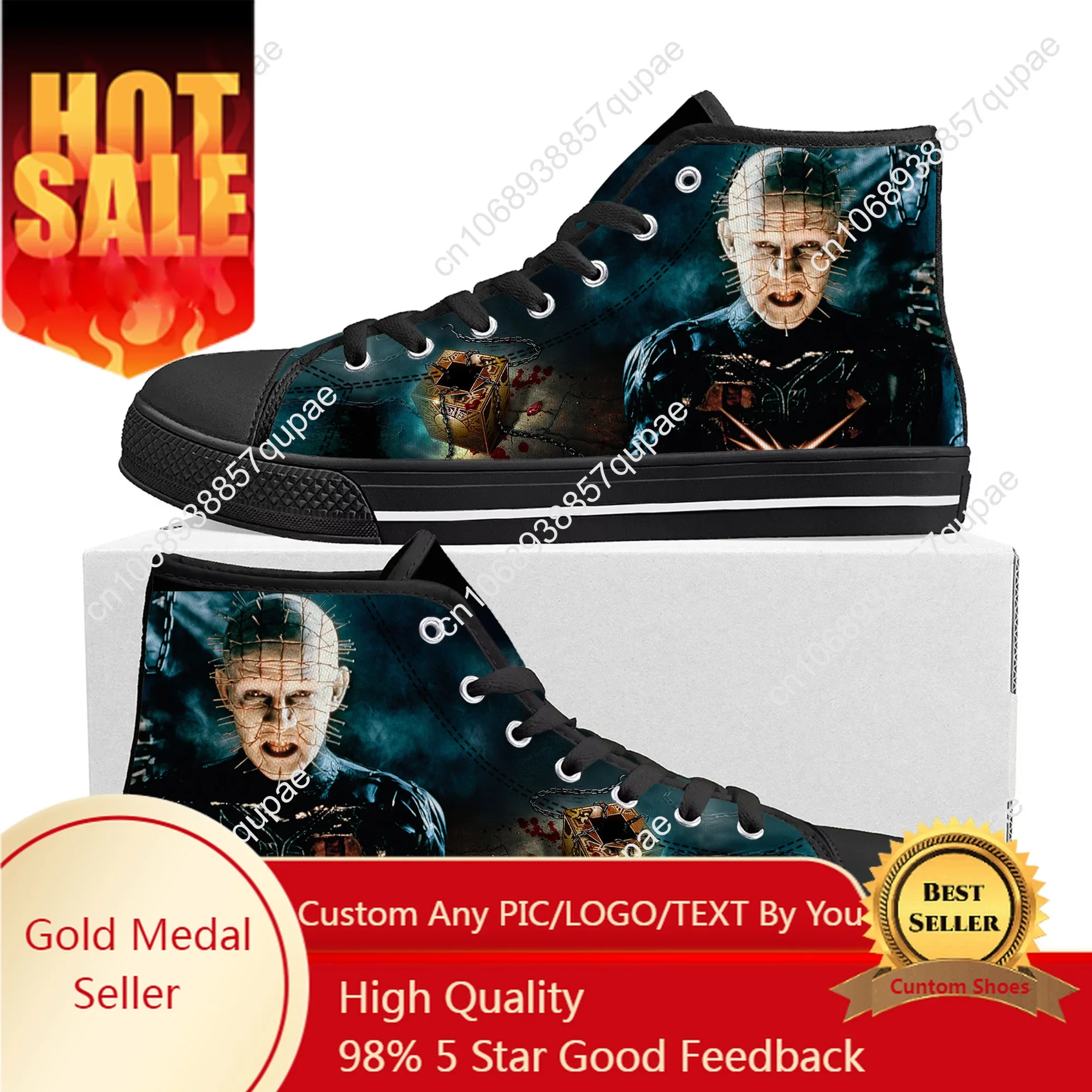 Hellraiser Filme Pinhead Horror Halloween High Top Sneakers, homens e mulheres, tênis de lona adolescente, sapatos casuais, sapato personalizado