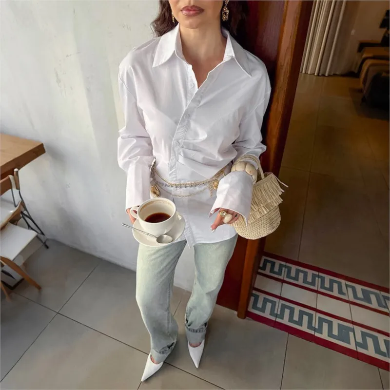 Dames katoenen shirt met lange mouwen, enkele rij knopen, slanke pasvorm, taille, cinching, stijlvol, gespleten zoom, detail, herfstmode, blusas de mujer