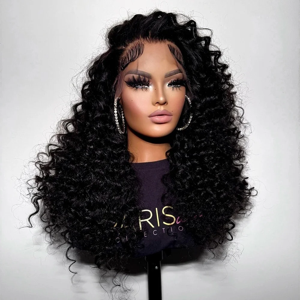 นุ่ม 26 นิ้ว 180 ความหนาแน่นสีดํา Kinky Curly Lace ด้านหน้า Wigs สําหรับผู้หญิงที่มีผมเด็กเส้นใยสังเคราะห์ส่วนลึกสวมใส่ทุกวันวิกผม