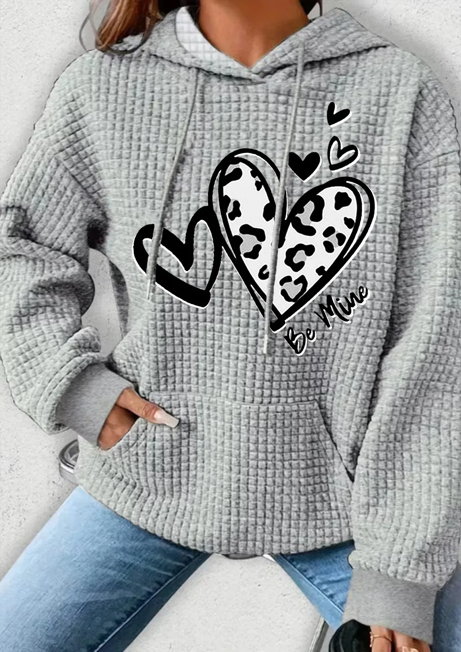 

Plus Size Women Clothing Waffle Knit Tops For Women Leopard Love Heart Printed Oversize Hoodies for Women With Pocket Sweatshirt