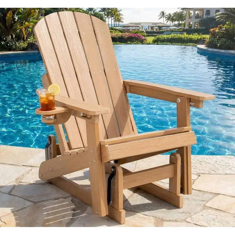 Weather-Resistant HDPE Recliner Glider Rocking Chair with Cup Holder for Outdoor, Poolside, Yard, or Deck in Rustic Teak Finish
