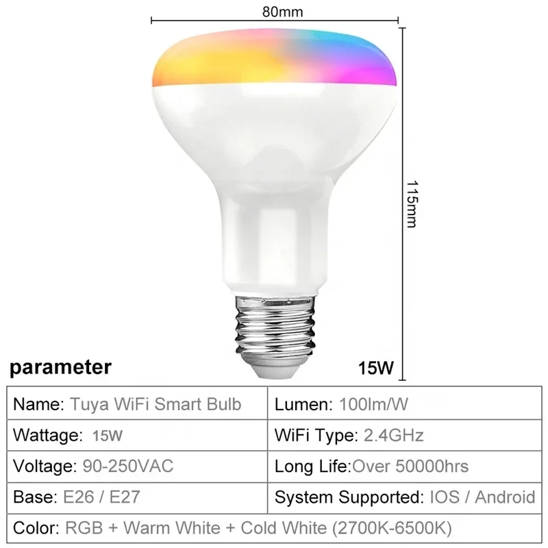 R80 Tuya Smart LED Bulb E27 15W WiFi Light Dimmable RGB+Warm+White Work with Alexa Google Home Smart Life APP Voice Control