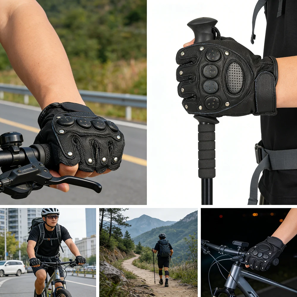 

Bike Gloves Half Finger Summer Breathable Anti-slip Rivets Black Leather Shockproof MTB Road Bicycle Gloves Cycling Shorts Glove