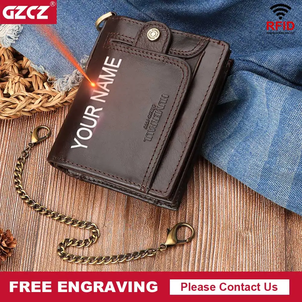 

Genuine Leather Men Wallet RFID Classic Short Card Holder Chain Man Purse High Quality Male Bifold Clutch Money Bag Carteiras