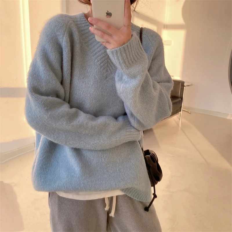 

Свободный женский пуловер с v-образным вырезом, мягкий мохеровый синий осенне-зимний верхняя одежда, удобная повседневная одежда Long Sve Thiened