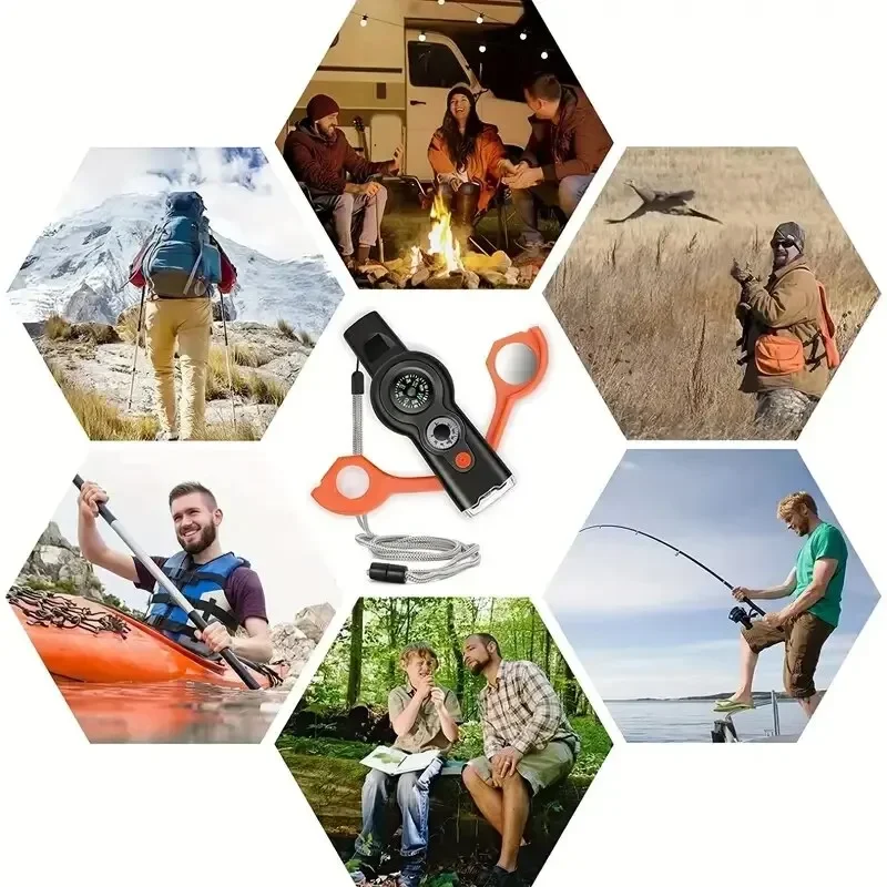 

7in1 Outdoor Multifunctional Survival Whistle Flashlight Reflector Magnifying Glass Storage Compartment Compass Thermometer
