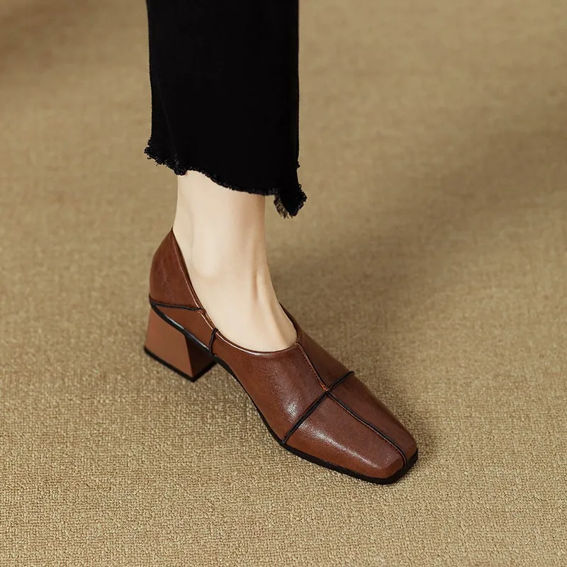 

Spring/Autumn Women Shoes Square Toe High Heels Leather Chunky Heel Women Pumps Retro Slip on Black Shoes for Women